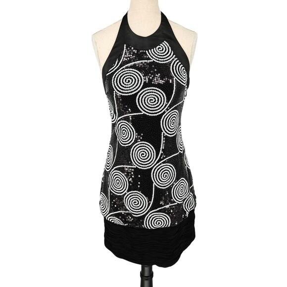 Cache Dress Womens 2 Black White Sequin Halter Fitted Short Ruched Hem Zip New - Picture 1 of 16